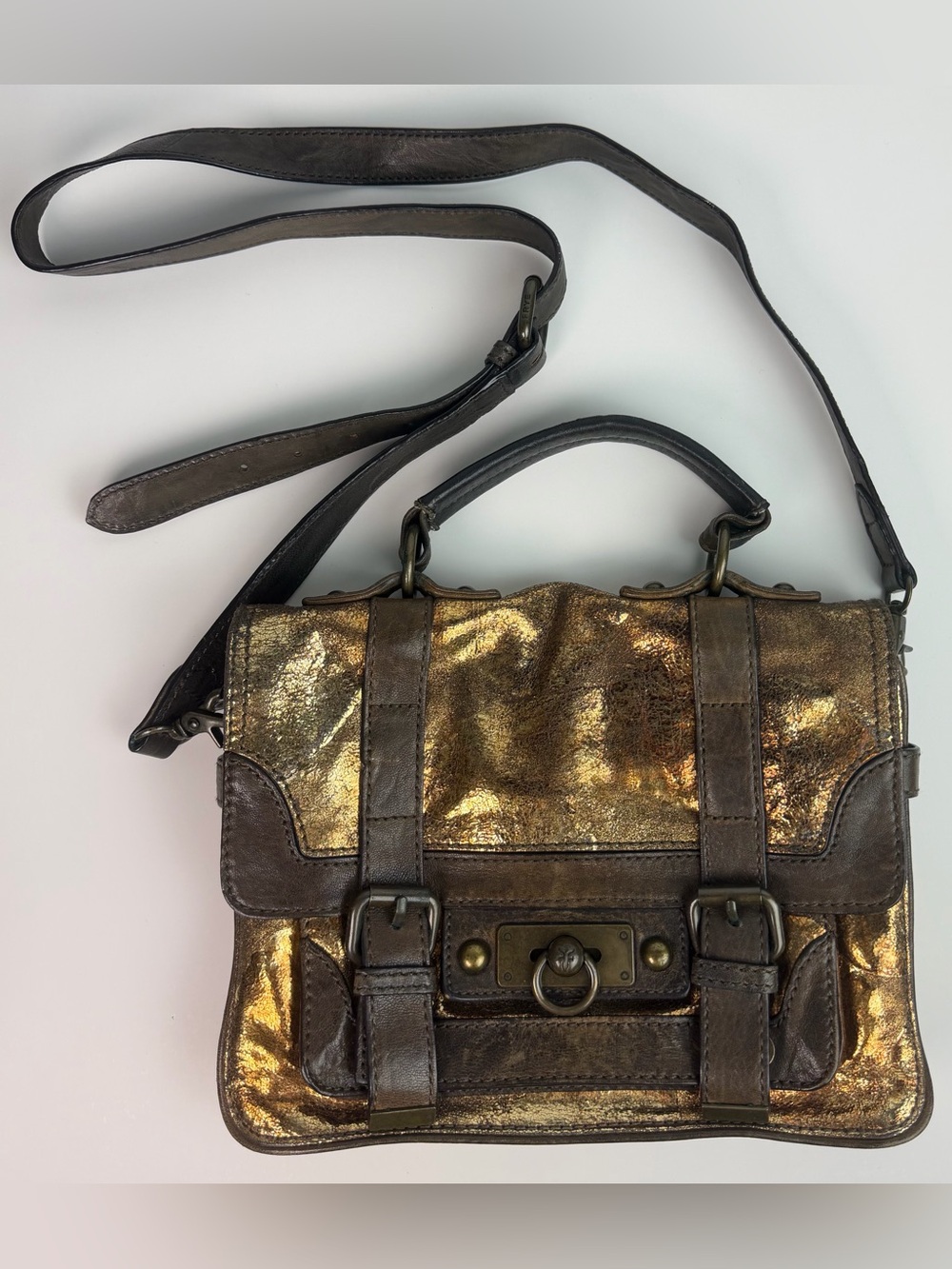 FRYE Cameron Metallic Gold Foil Brown Leather Small Satchel Crossbody Bag Purse